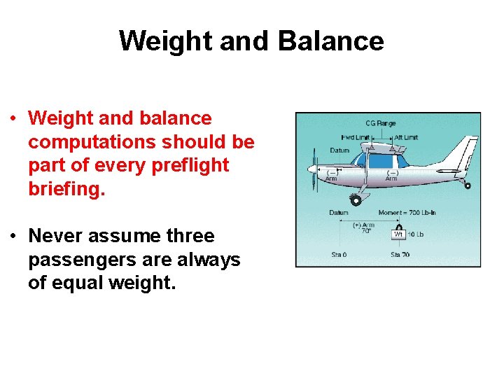 Weight and Balance • Weight and balance computations should be part of every preflight