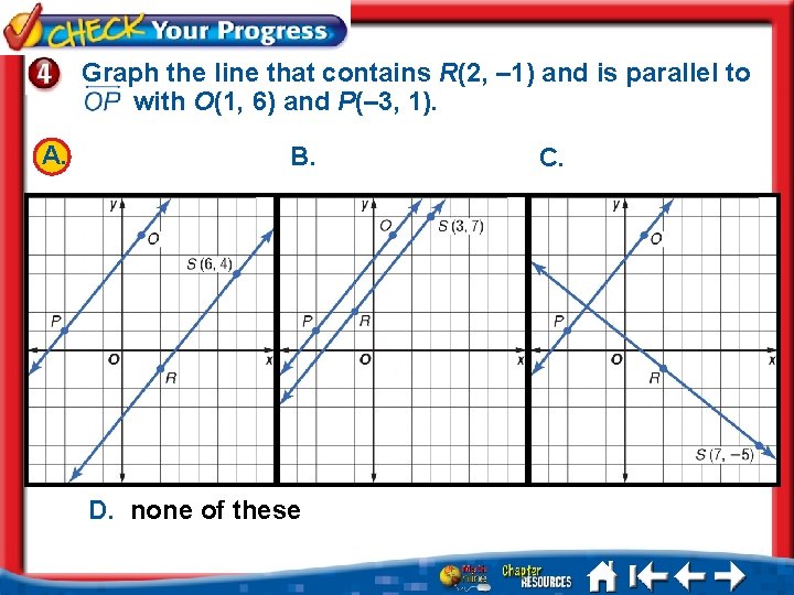 Graph the line that contains R(2, – 1) and is parallel to with O(1,