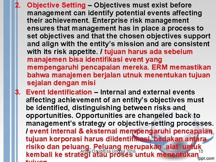 2. Objective Setting – Objectives must exist before management can identify potential events affecting