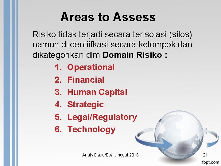 Areas to Assess Risiko tidak terjadi secara terisolasi (silos) namun diidentiifkasi secara kelompok dan