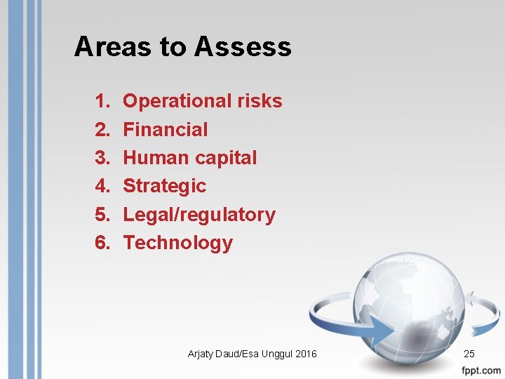 Areas to Assess 1. 2. 3. 4. 5. 6. Operational risks Financial Human capital