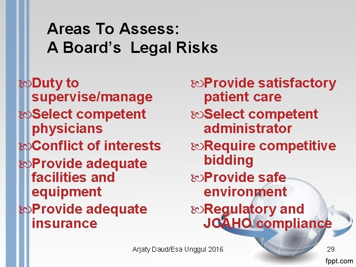 Areas To Assess: A Board’s Legal Risks Duty to supervise/manage Select competent physicians Conflict