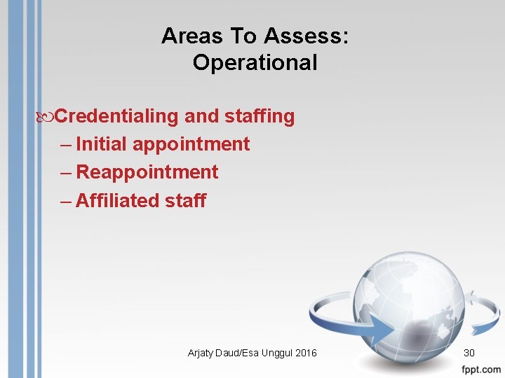 Areas To Assess: Operational Credentialing and staffing – Initial appointment – Reappointment – Affiliated
