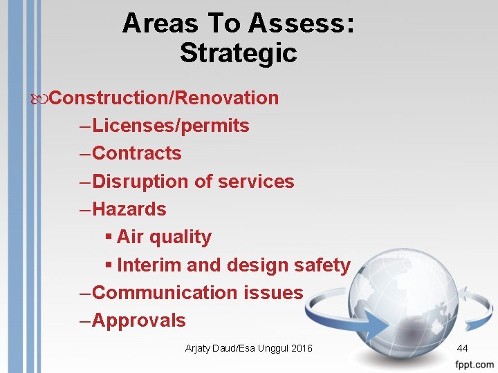 Areas To Assess: Strategic Construction/Renovation – Licenses/permits – Contracts – Disruption of services –