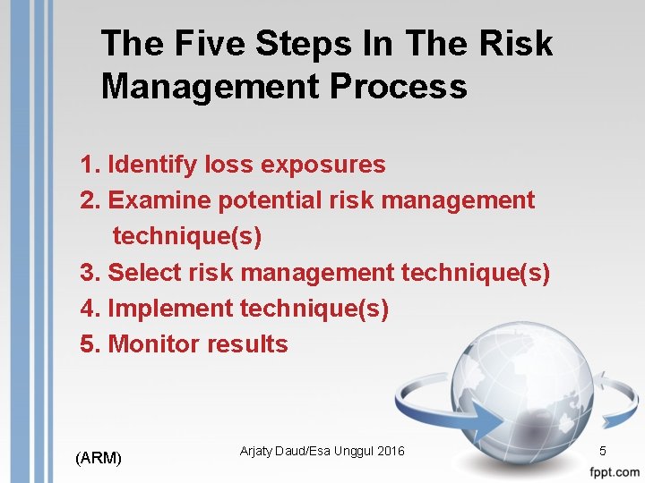 The Five Steps In The Risk Management Process 1. Identify loss exposures 2. Examine