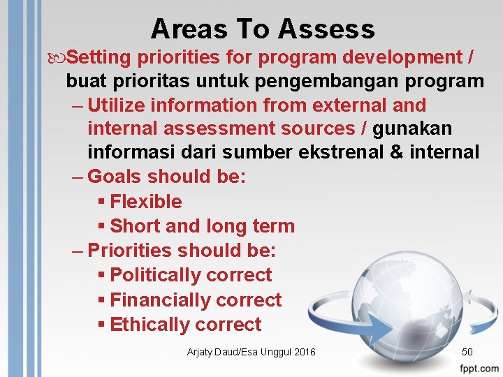 Areas To Assess Setting priorities for program development / buat prioritas untuk pengembangan program