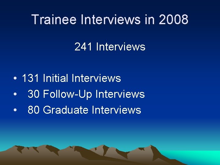 Trainee Interviews in 2008 241 Interviews • 131 Initial Interviews • 30 Follow-Up Interviews
