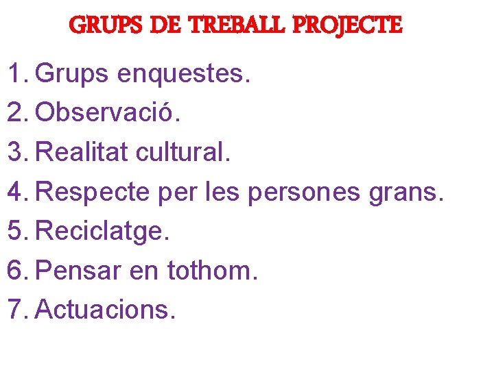 GRUPS DE TREBALL PROJECTE 1. Grups enquestes. 2. Observació. 3. Realitat cultural. 4. Respecte