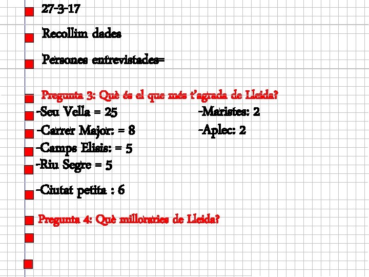 27 -3 -17 Recollim dades Persones entrevistades= Pregunta 3: Què és el que més