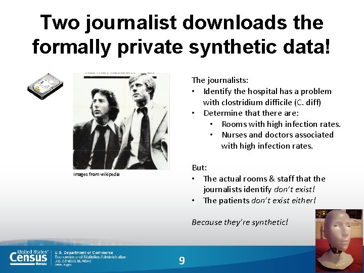 Two journalist downloads the formally private synthetic data! The journalists: • Identify the hospital