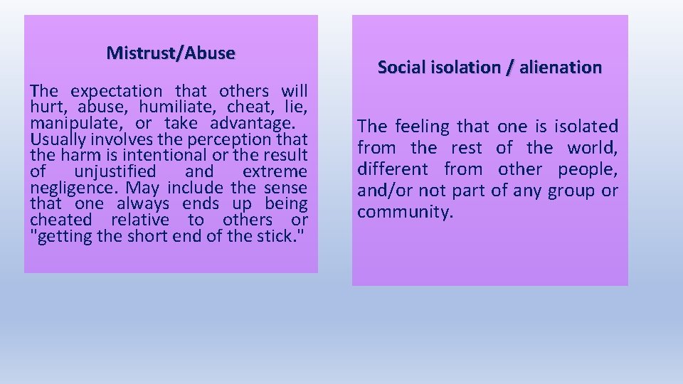 Mistrust/Abuse The expectation that others will hurt, abuse, humiliate, cheat, lie, manipulate, or take