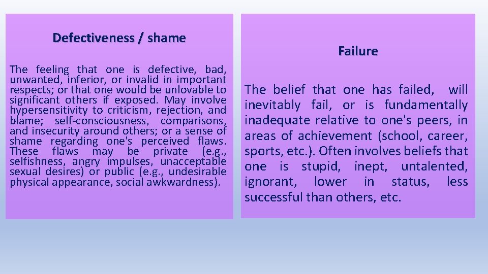 Defectiveness / shame The feeling that one is defective, bad, unwanted, inferior, or invalid