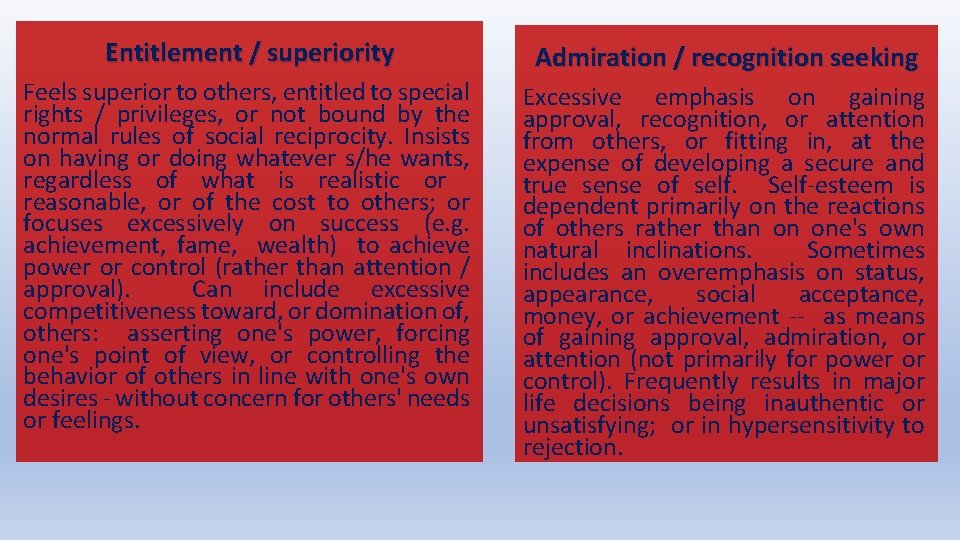 Entitlement / superiority Admiration / recognition seeking Feels superior to others, entitled to special
