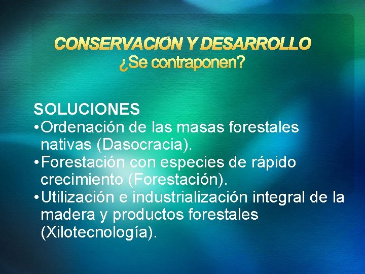 CONSERVACIÓN Y DESARROLLO ¿Se contraponen? SOLUCIONES • Ordenación de las masas forestales nativas (Dasocracia).