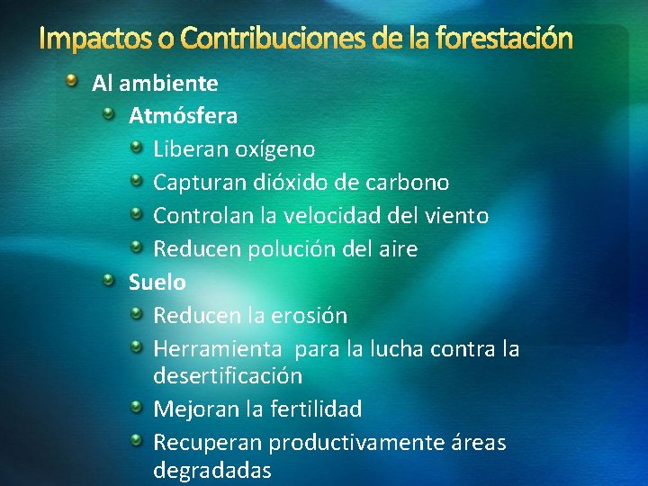 Impactos o Contribuciones de la forestación Al ambiente Atmósfera Liberan oxígeno Capturan dióxido de