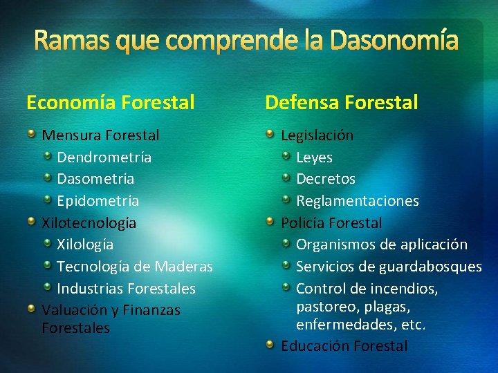 Ramas que comprende la Dasonomía Economía Forestal Mensura Forestal Dendrometría Dasometría Epidometría Xilotecnología Xilología