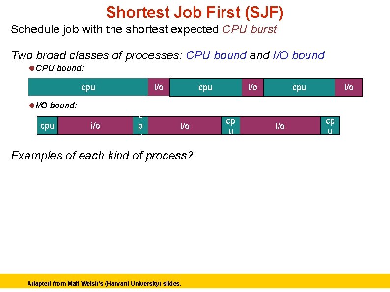 Shortest Job First (SJF) Schedule job with the shortest expected CPU burst Two broad