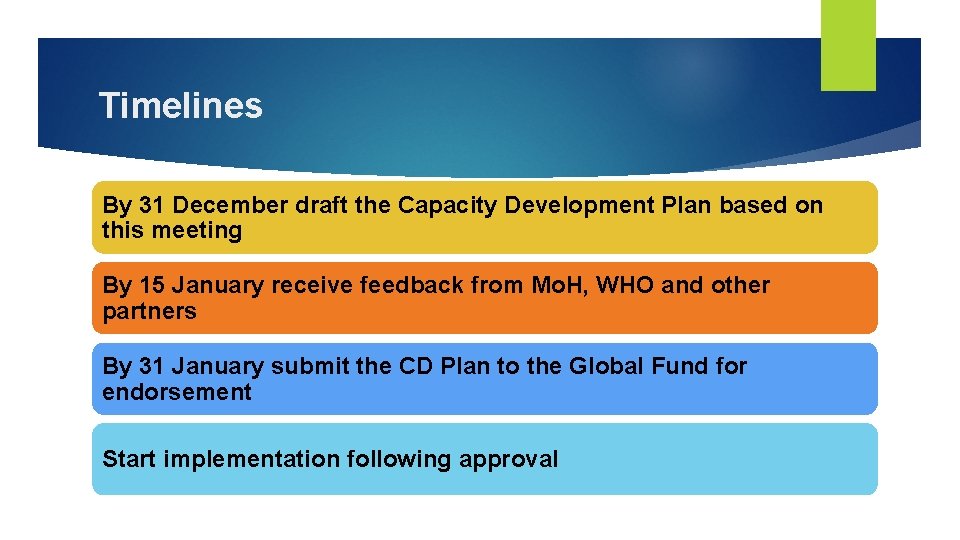 Timelines By 31 December draft the Capacity Development Plan based on this meeting By