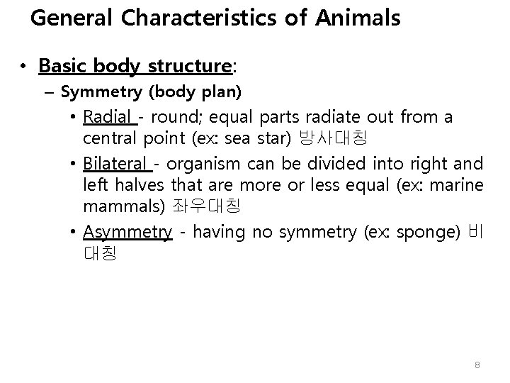 General Characteristics of Animals • Basic body structure: – Symmetry (body plan) • Radial