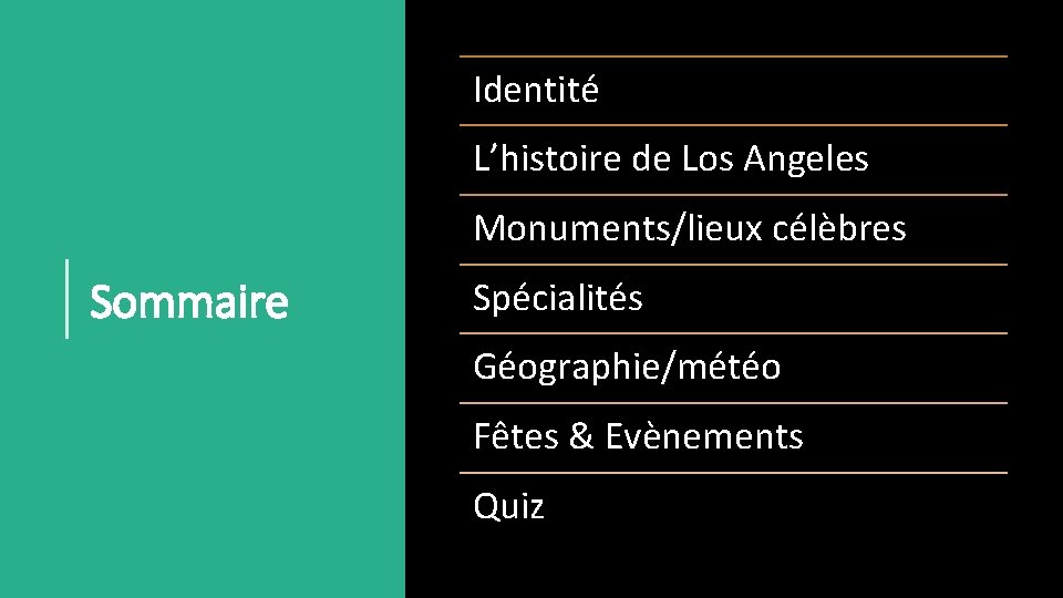 Identité L’histoire de Los Angeles Monuments/lieux célèbres Sommaire Spécialités Géographie/météo Fêtes & Evènements Quiz