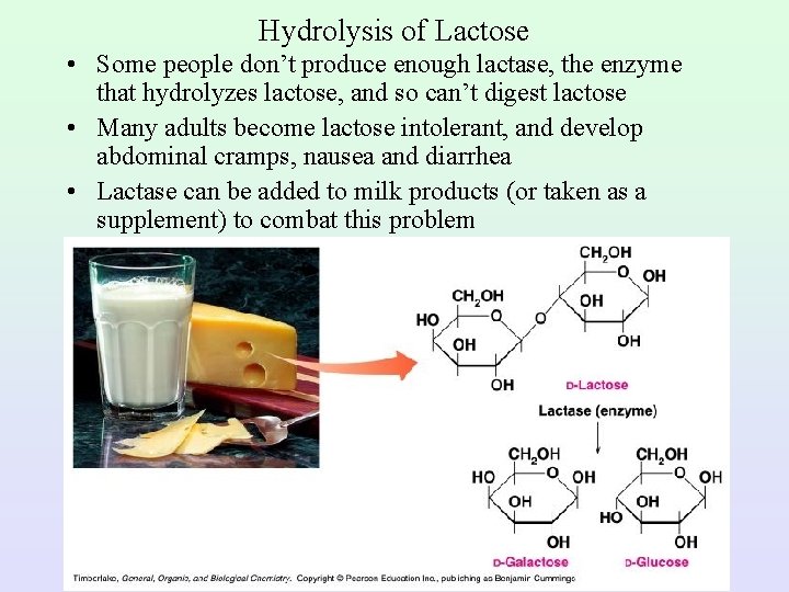 Hydrolysis of Lactose • Some people don’t produce enough lactase, the enzyme that hydrolyzes