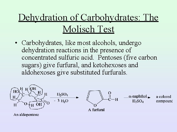 Dehydration of Carbohydrates: The Molisch Test • Carbohydrates, like most alcohols, undergo dehydration reactions
