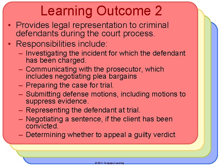 Learning Outcome 2 • Provides legal representation to criminal defendants during the court process.