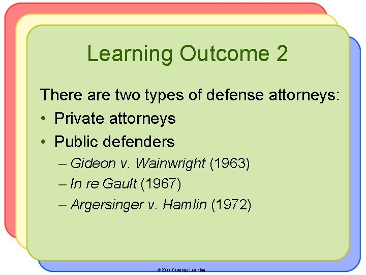 Learning Outcome 2 There are two types of defense attorneys: • Private attorneys •