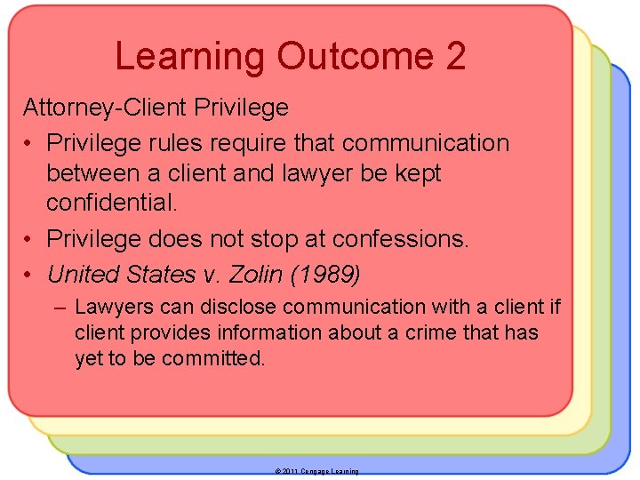 Learning Outcome 2 Attorney-Client Privilege • Privilege rules require that communication between a client