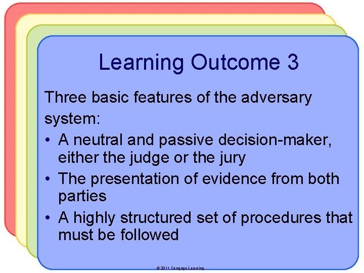 Learning Outcome 3 Three basic features of the adversary system: • A neutral and