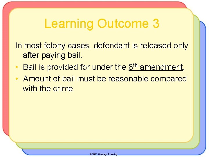 Learning Outcome 3 In most felony cases, defendant is released only after paying bail.