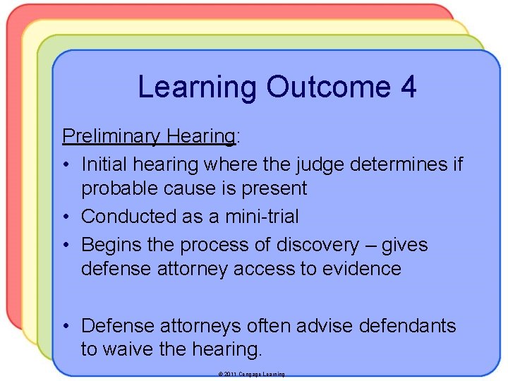 Learning Outcome 4 Preliminary Hearing: • Initial hearing where the judge determines if probable