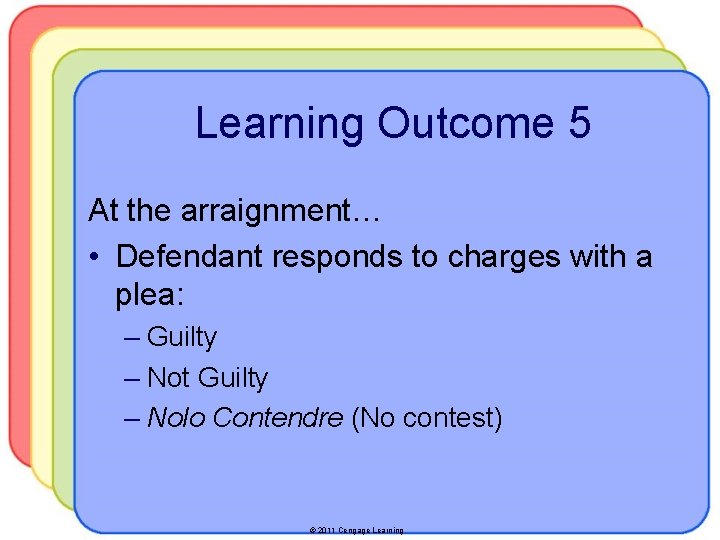 Learning Outcome 5 At the arraignment… • Defendant responds to charges with a plea: