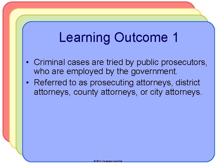 Learning Outcome 1 • Criminal cases are tried by public prosecutors, who are employed