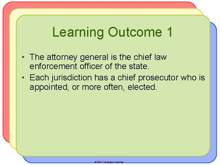 Learning Outcome 1 • The attorney general is the chief law enforcement officer of