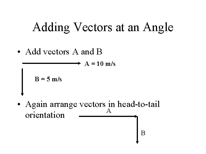 Adding Vectors at an Angle • Add vectors A and B A = 10
