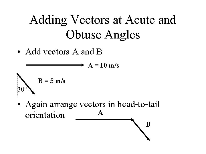 Adding Vectors at Acute and Obtuse Angles • Add vectors A and B A
