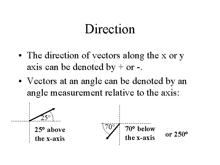 Direction • The direction of vectors along the x or y axis can be