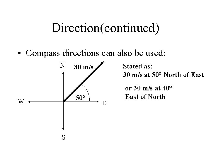 Direction(continued) • Compass directions can also be used: N 50° W S Stated as: