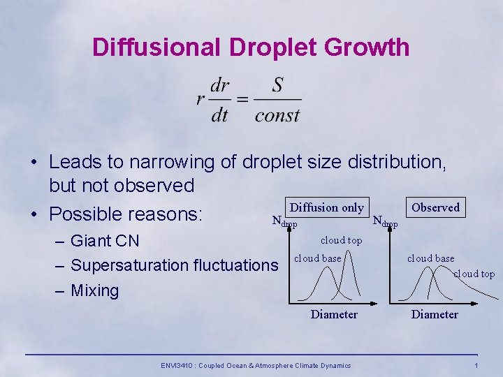 Diffusional Droplet Growth • Leads to narrowing of droplet size distribution, but not observed