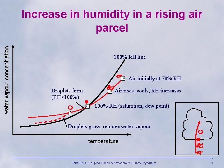 water vapour concentration Increase in humidity in a rising air parcel 100% RH line