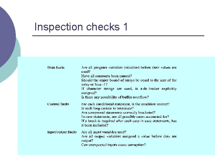 Inspection checks 1 
