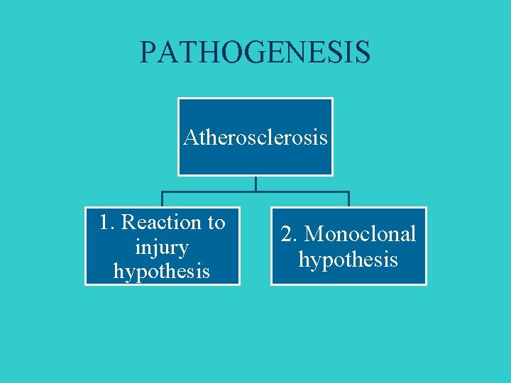 PATHOGENESIS Atherosclerosis 1. Reaction to injury hypothesis 2. Monoclonal hypothesis 