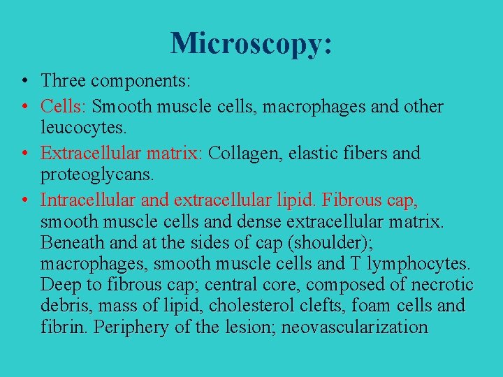 Microscopy: • Three components: • Cells: Smooth muscle cells, macrophages and other leucocytes. •