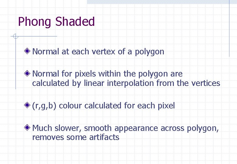 Phong Shaded Normal at each vertex of a polygon Normal for pixels within the