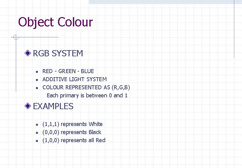 Object Colour RGB SYSTEM n n n RED - GREEN - BLUE ADDITIVE LIGHT