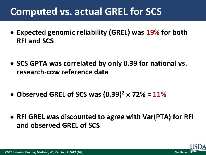 Computed vs. actual GREL for SCS Expected genomic reliability (GREL) was 19% for both