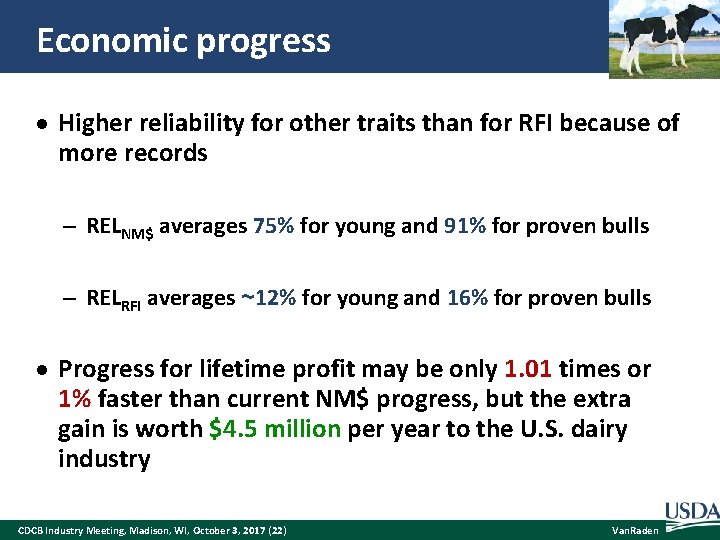 Economic progress Higher reliability for other traits than for RFI because of more records
