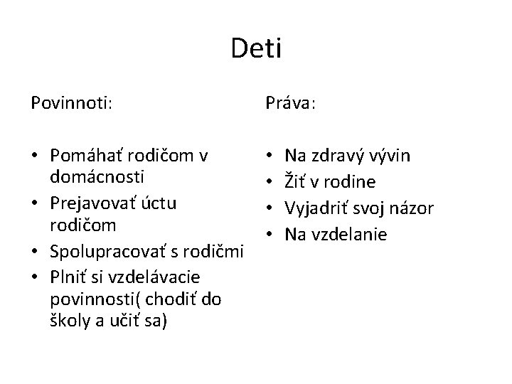 Deti Povinnoti: Práva: • Pomáhať rodičom v domácnosti • Prejavovať úctu rodičom • Spolupracovať