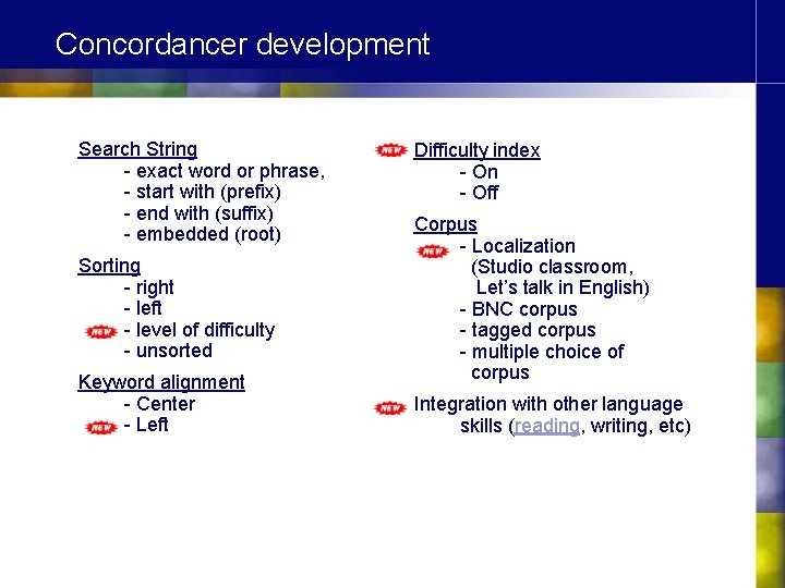 Concordancer development Search String - exact word or phrase, - start with (prefix) -